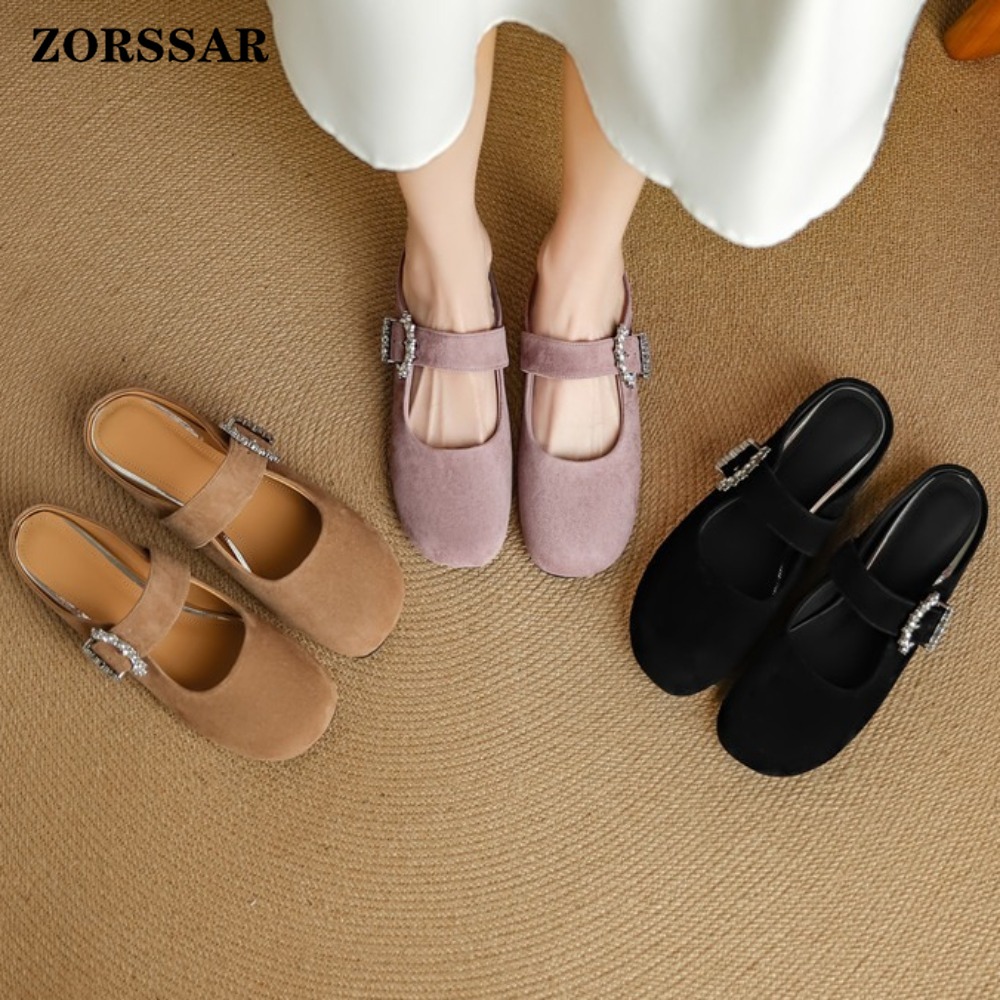 Kids Shoes Women - Damskie zamszowe baleriny Mary Jane, klapki