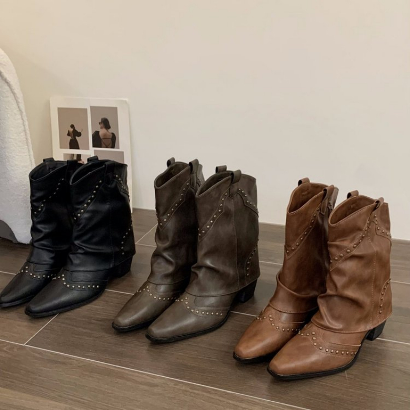 Western Cowgirl Boot - Damskie botki kowbojskie z nitami, szpiczaste,