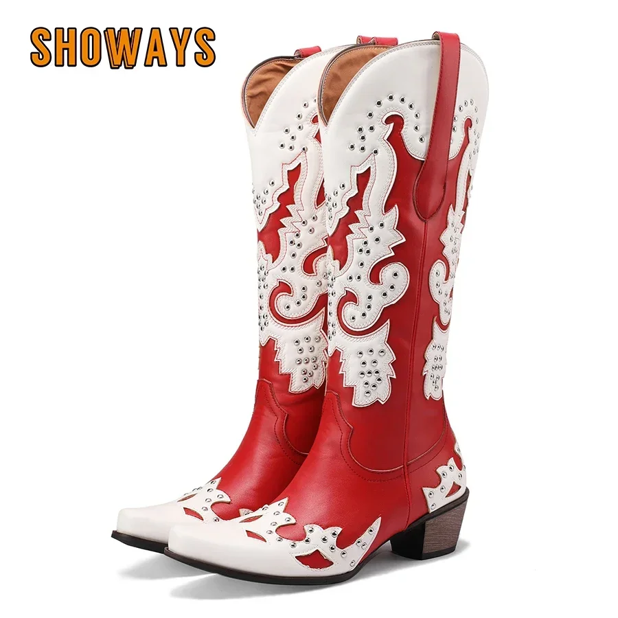 Western Cowgirl Boot - Damskie kowbojki za kolano, niebiesko-czerwone, z