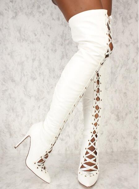 Ribbon Tie Heel - Damskie białe czarne zamszowe kozaki za