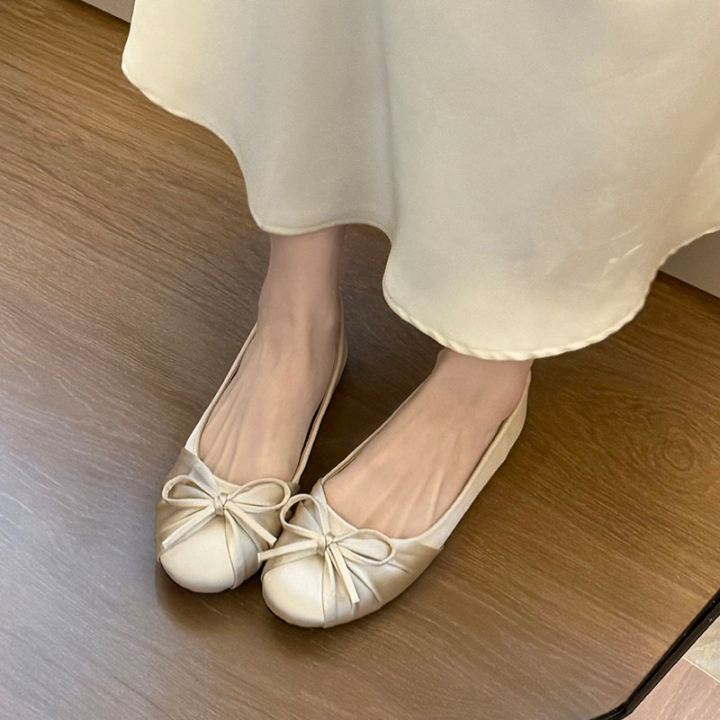 Women'S Shoes Round Toe - 2026 Nowe satynowe baleriny z kokardą,