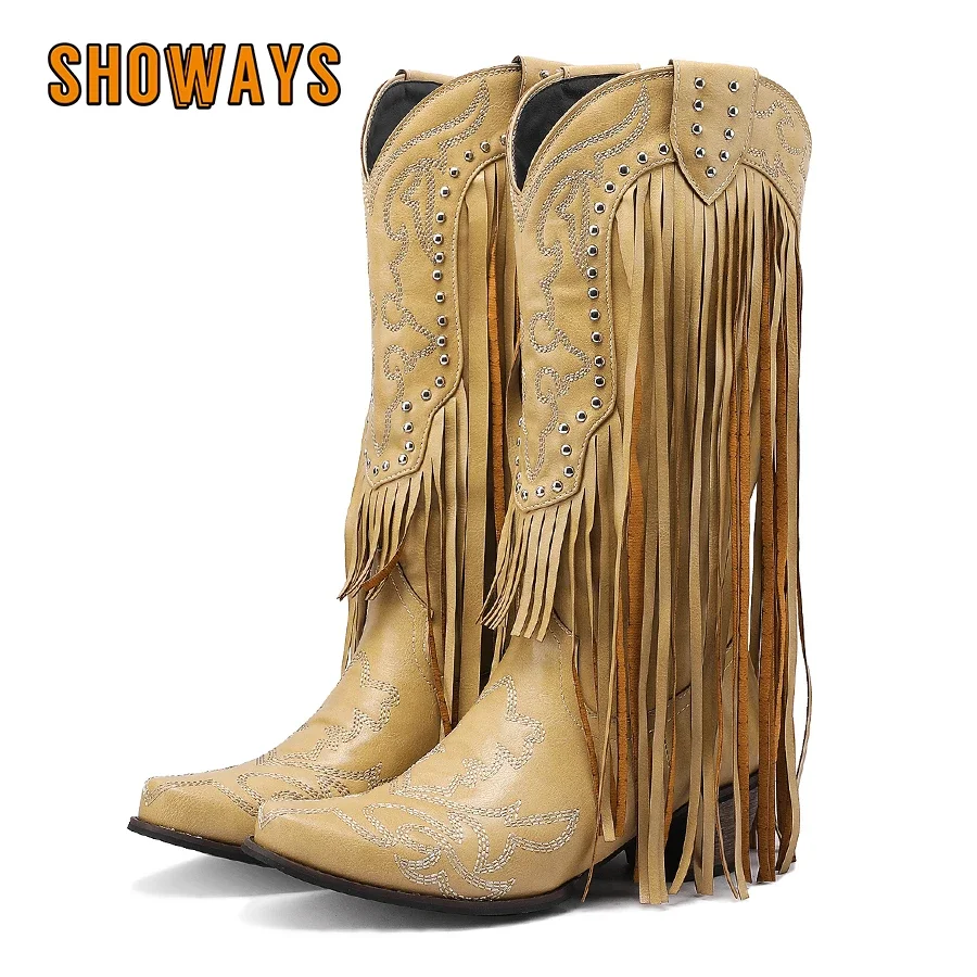 Western Cowgirl Boot - Fringe Rivet Western Women Mid-calf Boots