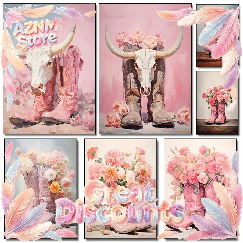 Western Cowgirl Boot - Różowe kwiatowe buty kowbojskie, czaszka byka,