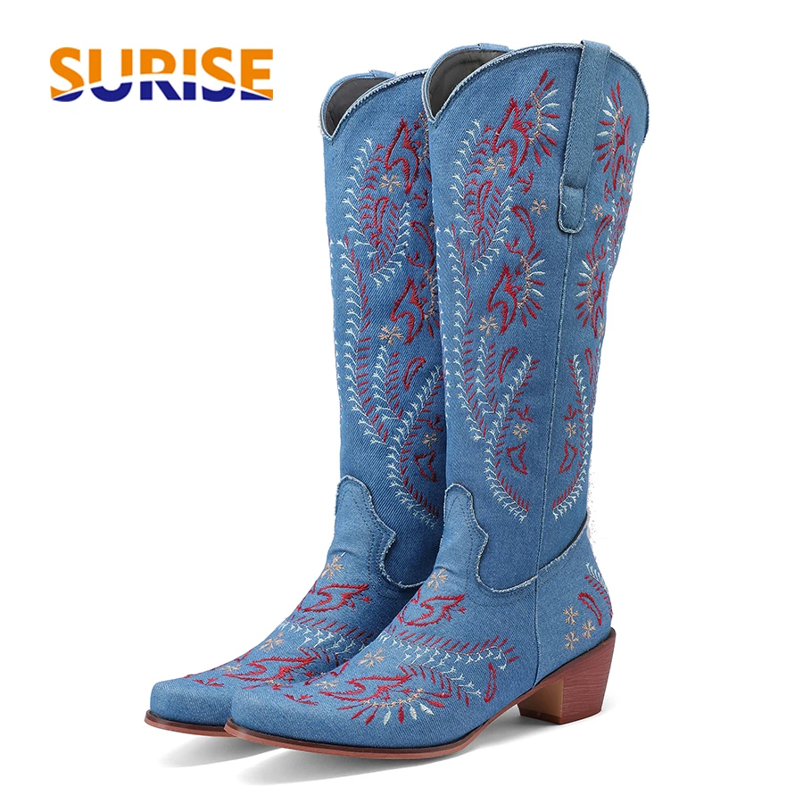 Western Cowgirl Boot - Niebieskie dżinsy Western Cowgirl Knee High