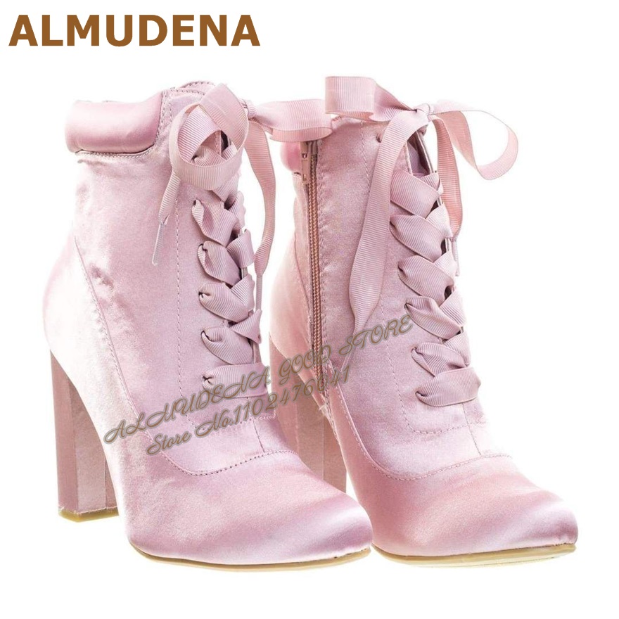 Botki ALMUDENA z różowego saty – Ribbon Tie Heel recenzja i cena